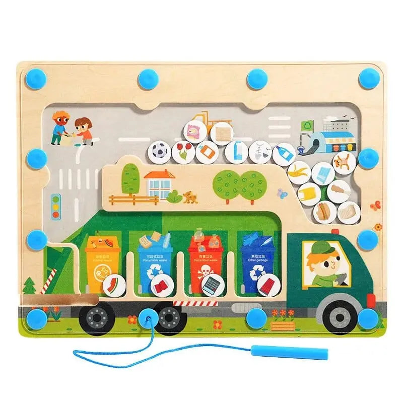 Fidtoy Magnetic Pickup Truck Board – Montessori Maze Toy for Preschoolers’ Fine Motor and Recycling Skills