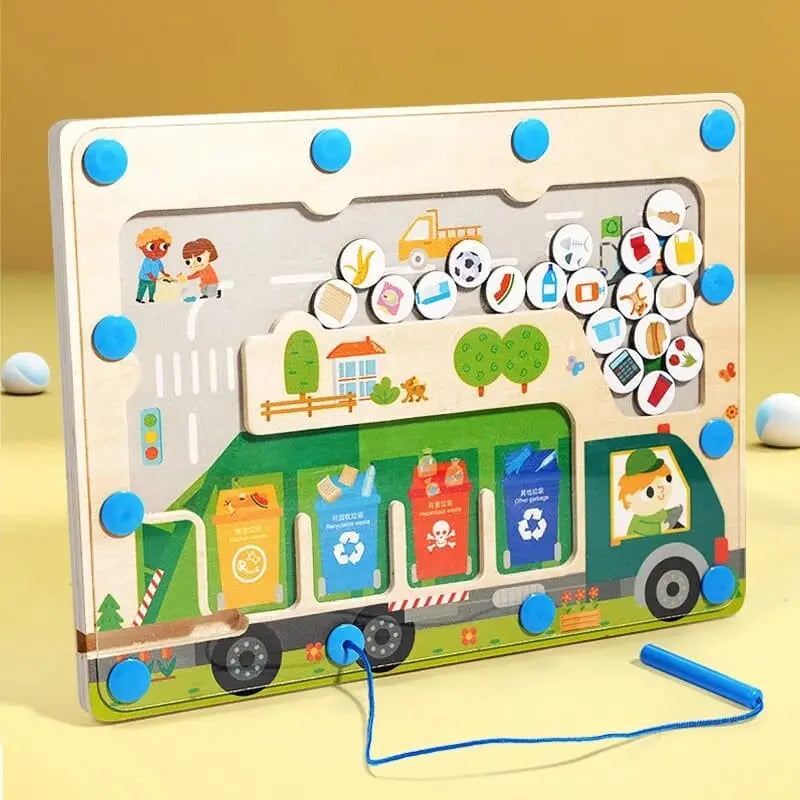 Fidtoy Magnetic Pickup Truck Board – Montessori Maze Toy for Preschoolers’ Fine Motor and Recycling Skills