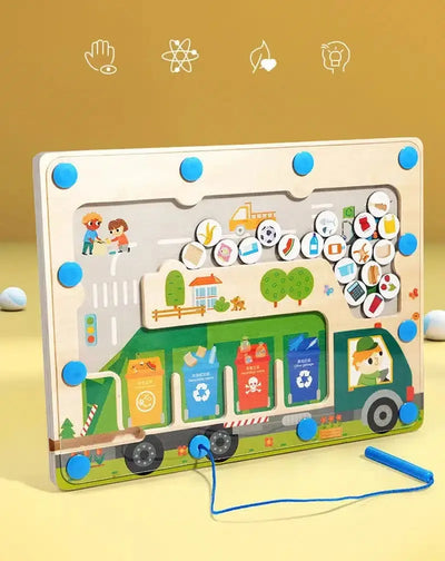 Fidtoy Magnetic Pickup Truck Board – Montessori Maze Toy for Preschoolers’ Fine Motor and Recycling Skills