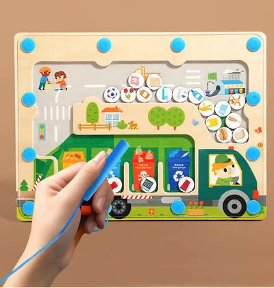Fidtoy Magnetic Pickup Truck Board – Montessori Maze Toy for Preschoolers’ Fine Motor and Recycling Skills