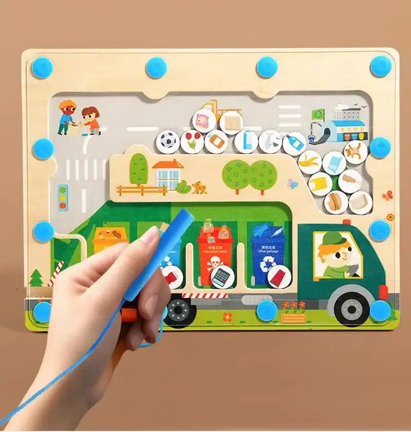 Fidtoy Magnetic Pickup Truck Board – Montessori Maze Toy for Preschoolers’ Fine Motor and Recycling Skills