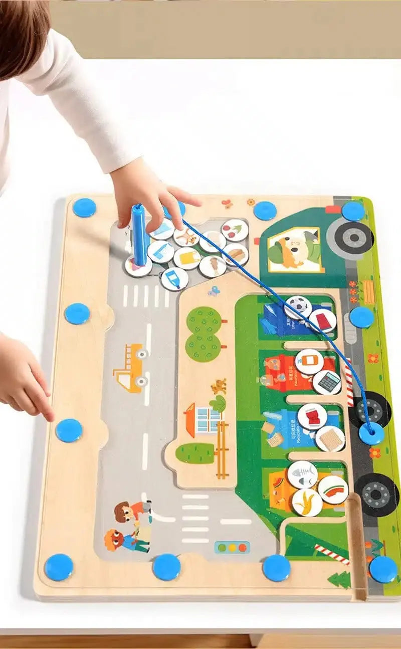 Fidtoy Magnetic Pickup Truck Board – Montessori Maze Toy for Preschoolers’ Fine Motor and Recycling Skills