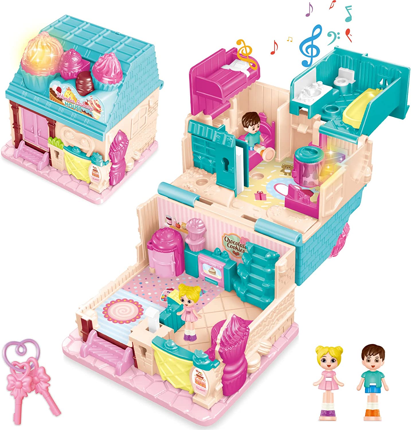 Portable Dollhouse Playset Bakery House Room Toy Mini 3D Doll House Pretend Play Toy With light and sound Great Gift for Kids