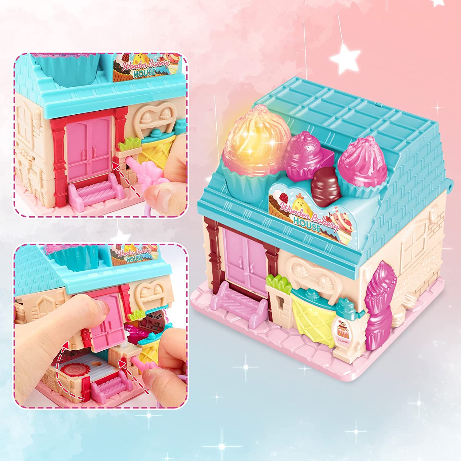 Portable Dollhouse Playset Bakery House Room Toy Mini 3D Doll House Pretend Play Toy With light and sound Great Gift for Kids