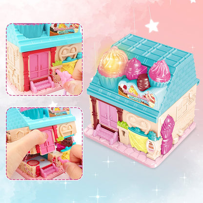 Portable Dollhouse Playset Bakery House Room Toy Mini 3D Doll House Pretend Play Toy With light and sound Great Gift for Kids