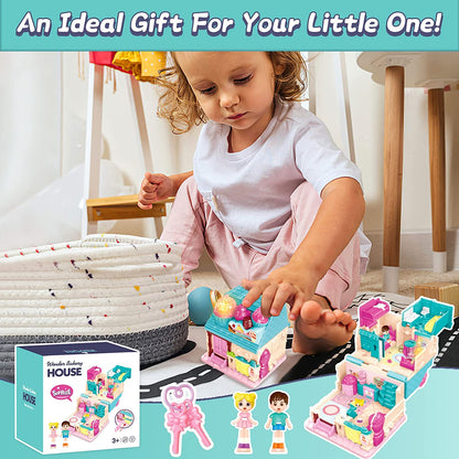 Portable Dollhouse Playset Bakery House Room Toy Mini 3D Doll House Pretend Play Toy With light and sound Great Gift for Kids