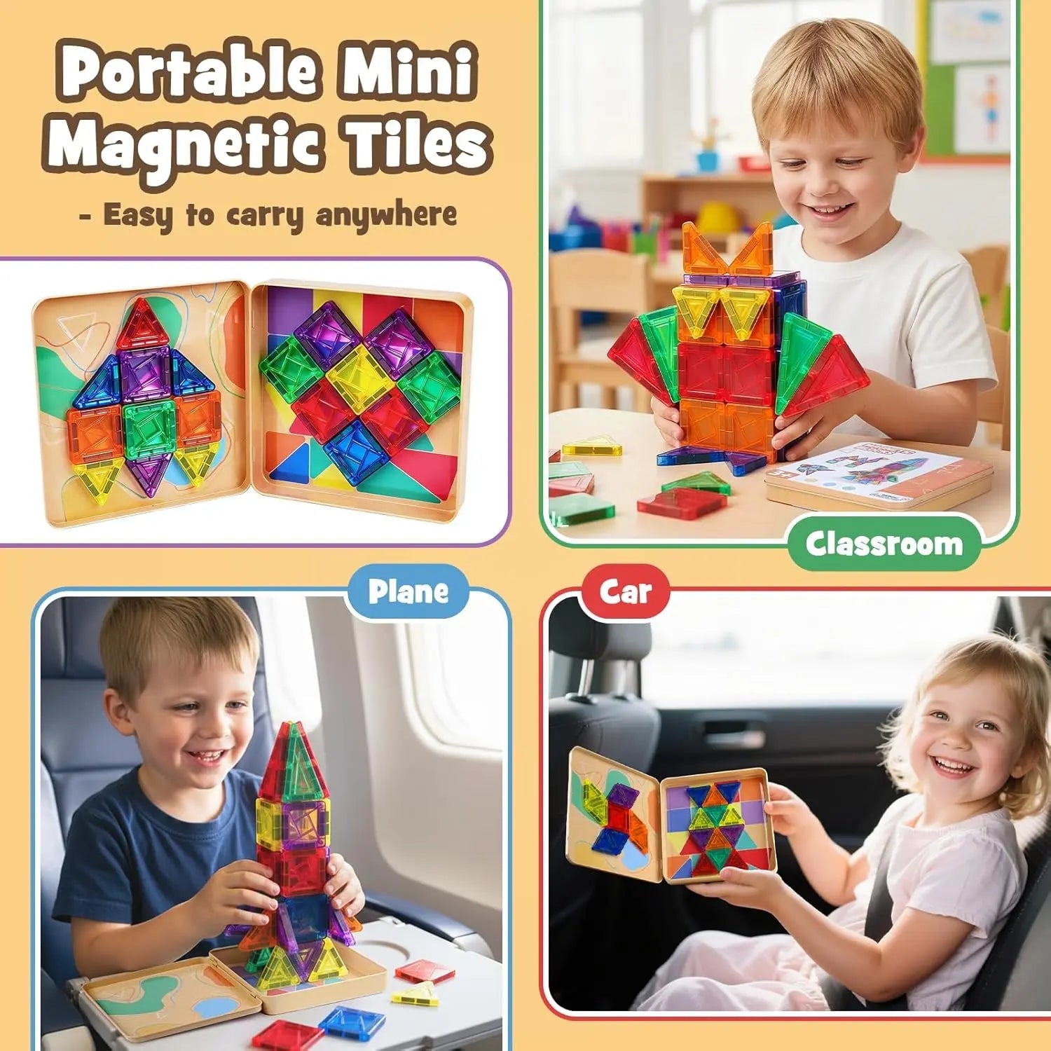 60 PCS Mini Magnetic Tiles Travel Set for Kids Ages 3–8