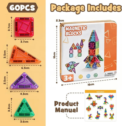 60 PCS Mini Magnetic Tiles Travel Set for Kids Ages 3–8