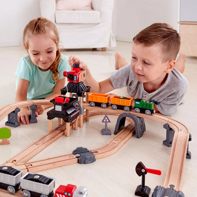 Fidtoy Wooden Crane Train Set Railway Cargo Toy for Kids