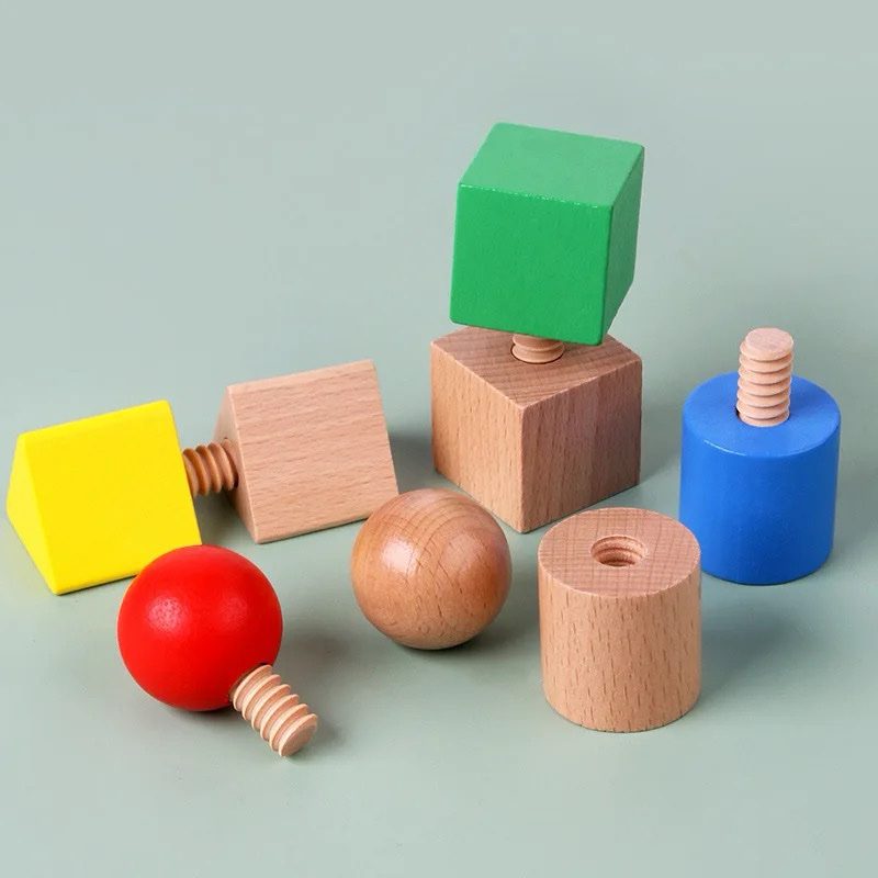 Wooden Geometric Screw and Nut Set – Shape Pairing and Fine Motor Toy for Toddlers
