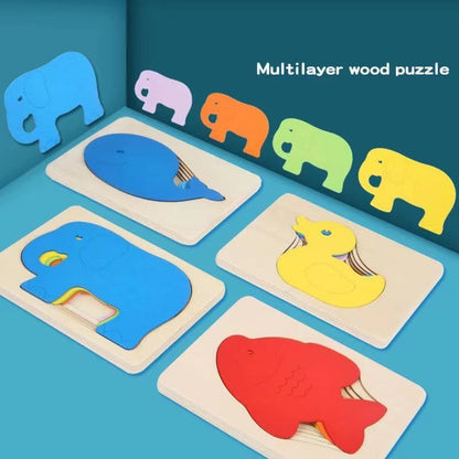 3D Multilayer Wood Puzzle Elephant/Duck/Whale/Fish - Montessori Puzzles