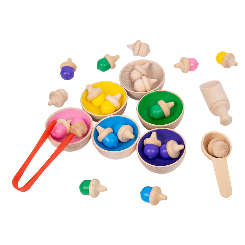 Wooden Montessori Acorn Colouring Sorting Set with Bowl and Utensils Sensory Bin Kit