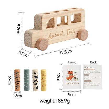 Wooden Pop Up Peg Push Rolling LIttle Car Bus Toy