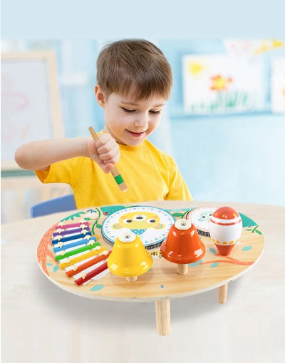 Ensemble musical de percussion en bois pour enfants avec cloche, carillon musical, tambour, xylophone et hochets