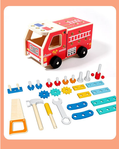 Ensemble d'outils de construction en bois - Camion, boulons, écrous et voiture à visser