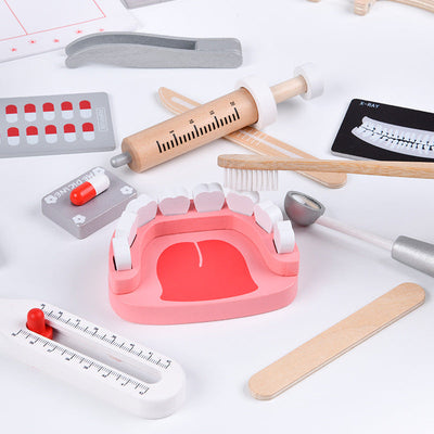 Kit médico de madera para niños con bolsa, juego de botiquín de primeros auxilios rojo