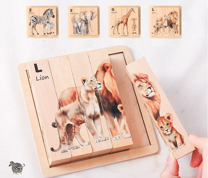 Wooden Jungle Puzzle Blocks 4 Rotatable sides With Tray