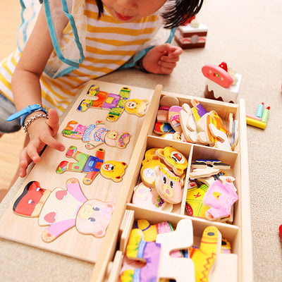 Fidtoy Wooden Dress-Up Bear Family for Toddlers – Creative Educational Toy with Outfits and Expressions