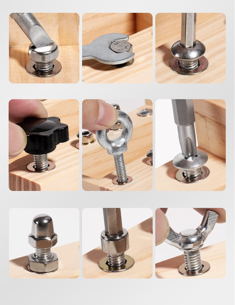 Montessori Wooden FIRE Truck Screwdriver Board with tool kit set Bolts and nuts Cogs LED Switches