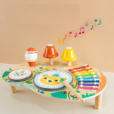 Ensemble musical de percussion en bois pour enfants avec cloche, carillon musical, tambour, xylophone et hochets