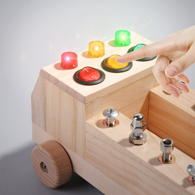 Planche de tournevis en bois Montessori Camion de pompiers avec boîte à outils boulons et écrous engrenages interrupteurs LED