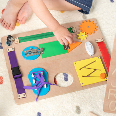 Tableau d'activités Montessori en bois, avec fermeture éclair, lacets, portes et traçage ABC, couleurs pastel
