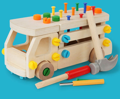Camion de Construction en Bois, Ensemble d'Outils de Plus de 60 Pièces, Marteau, Jouet à Clouer