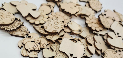 50-100 Pieces Wooden Animal Flower Shape Pieces Art Craft Chips Toys Natural Nature DIY Loose Parts