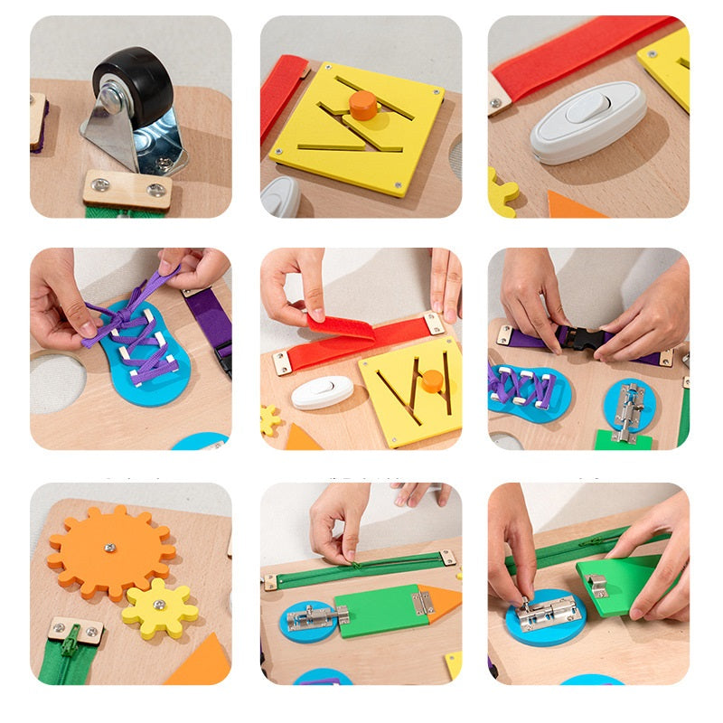 Montessori Wooden Busy Board Zipping, shoeslace, doors with ABC Tracing Pastel Busy Board Toy