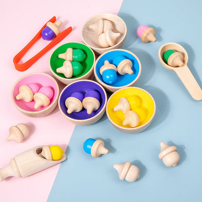 Wooden Montessori Acorn Colouring Sorting Set with Bowl and Utensils Sensory Bin Kit