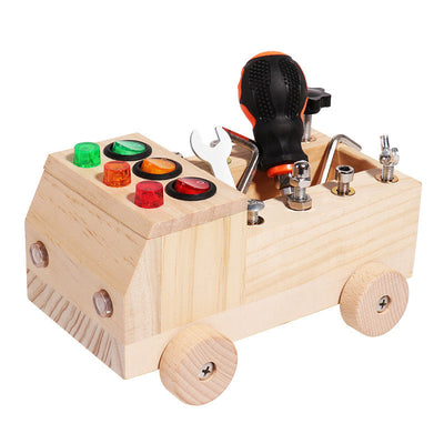 Planche de tournevis en bois Montessori Camion de pompiers avec boîte à outils boulons et écrous engrenages interrupteurs LED