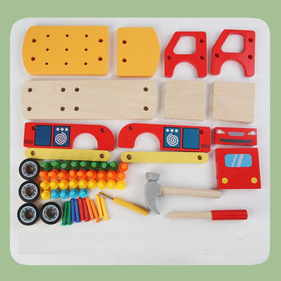 Camion de Construction en Bois, Ensemble d'Outils de Plus de 60 Pièces, Marteau, Jouet à Clouer