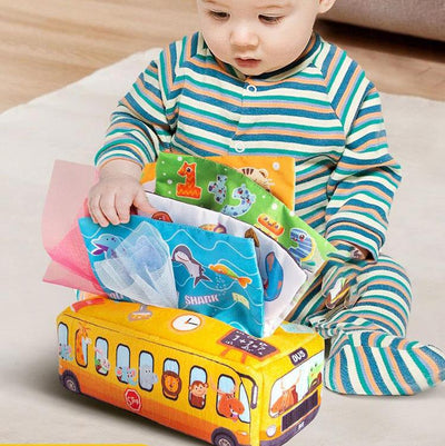 Boîte à mouchoirs Montessori de luxe, jouet pour bébé, jeu sensoriel coucou, 26 foulards en soie et papiers froissés