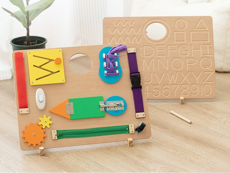Montessori Wooden Busy Board Zipping, shoeslace, doors with ABC Tracing Pastel Busy Board Toy