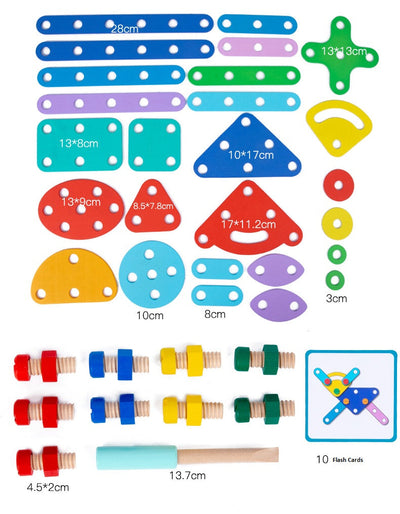 Jeu de construction en bois avec vis, boulons et écrous