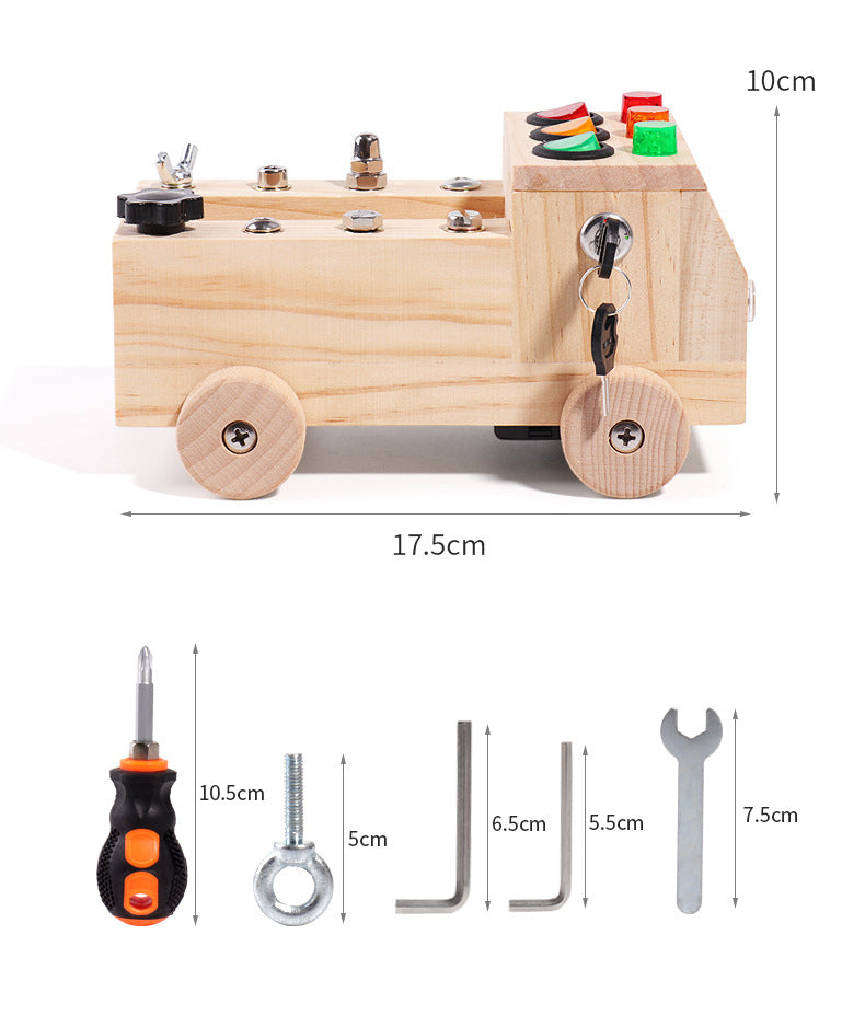 Montessori Wooden FIRE Truck Screwdriver Board with tool kit set Bolts and nuts Cogs LED Switches