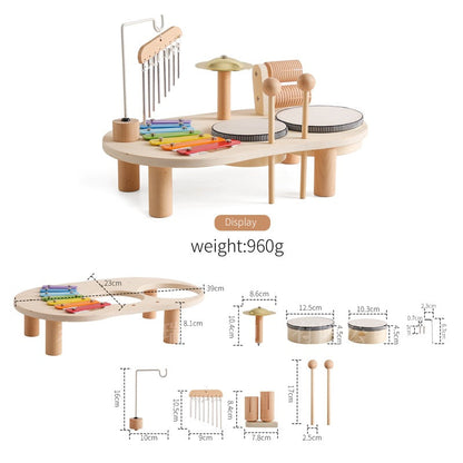 Wooden Kids Deluxe Percussion Music Table with Bell Musical Chime Drum and Xylophone