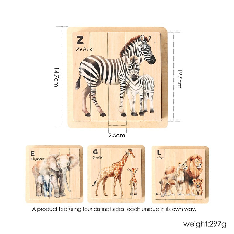 Wooden Jungle Puzzle Blocks 4 Rotatable sides With Tray