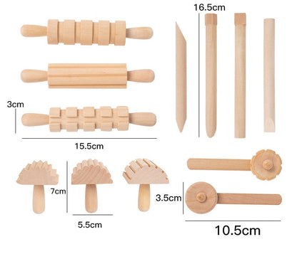 Wooden Sensory Playdough Roller Pin Set Tool Kit 12 pieces
