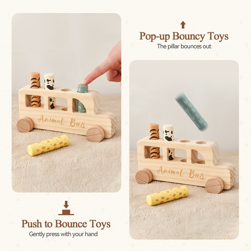 Wooden Pop Up Peg Push Rolling LIttle Car Bus Toy