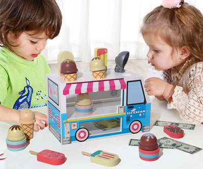 Camion de glaces en bois à tirer Jouet de jeu de rôle