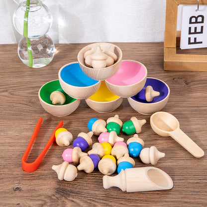 Wooden Montessori Acorn Colouring Sorting Set with Bowl and Utensils Sensory Bin Kit