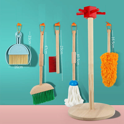 Kit de nettoyage balai, pelle, serpillère, plumeau et brosse en bois avec support