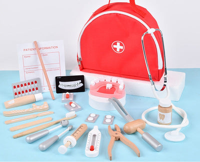 Kit médico de madera para niños con bolsa, juego de botiquín de primeros auxilios rojo