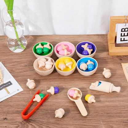 Wooden Montessori Acorn Colouring Sorting Set with Bowl and Utensils Sensory Bin Kit