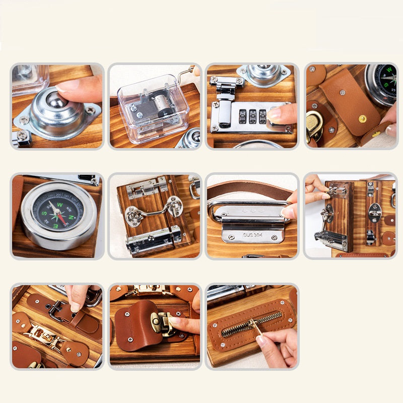 Wooden Busy Board Children Montessori Toy Latches Locks Compass Belts Clips