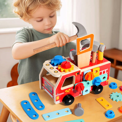 Ensemble d'outils de construction en bois - Camion, boulons, écrous et voiture à visser