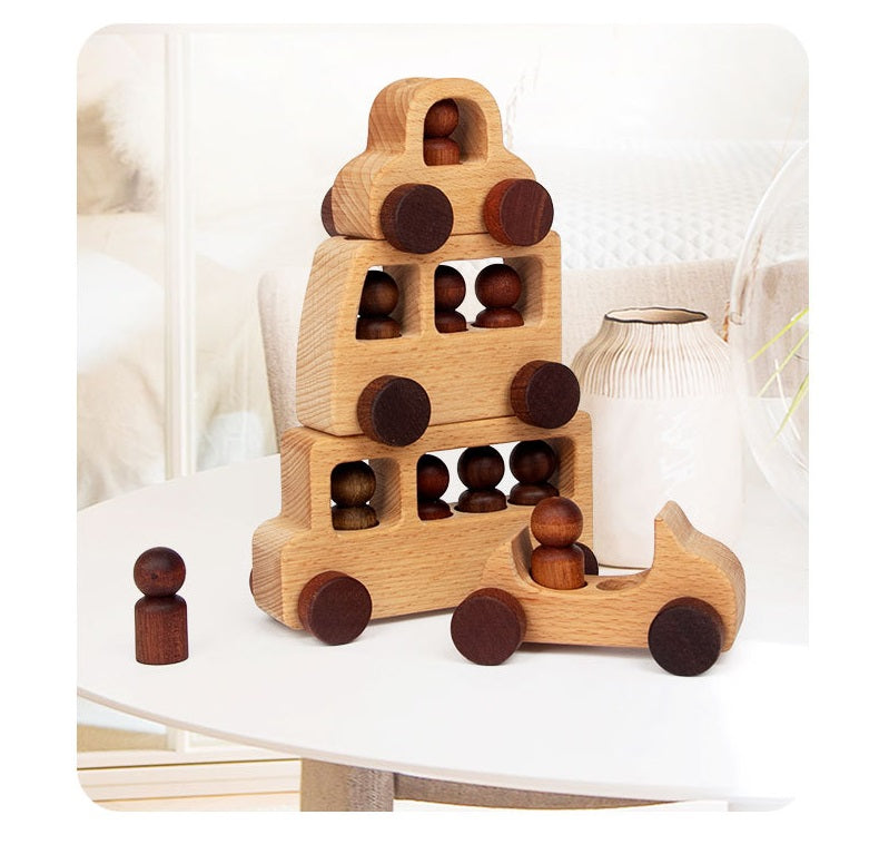 Wooden Toy Cars and Peg Doll Drivers Natural Set of 4