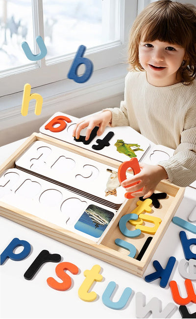 Grand jeu d'orthographe en bois avec cartes d'orthographe en bois