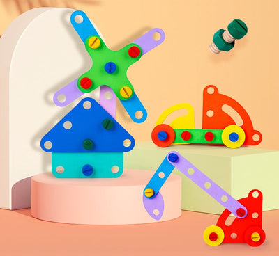 Jeu de construction en bois avec vis, boulons et écrous